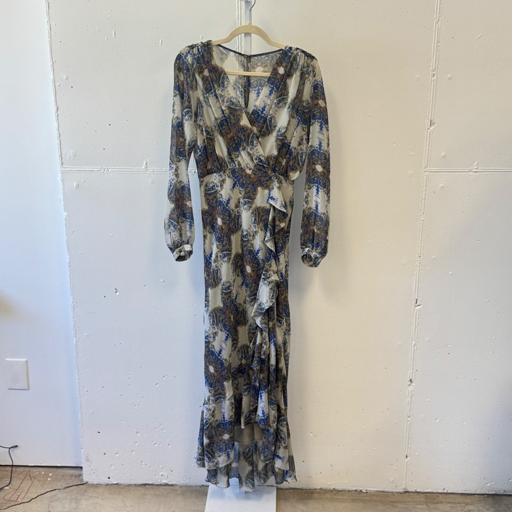 Twelfth Street by Cynthia Vincent Boho Floral Paisley Wrap Maxi Dress Blue Beige